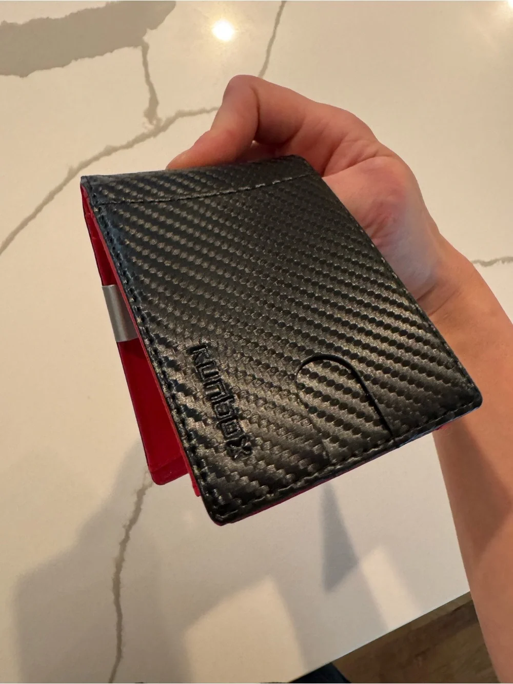 New Slim Carbon-Texture Bifold Wallet with Red Interior and money clip